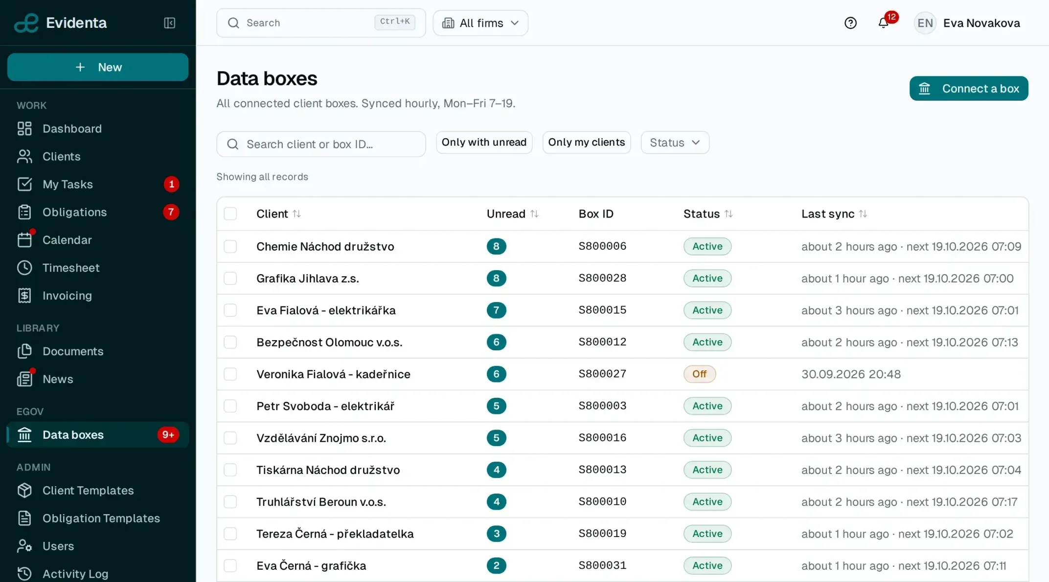 Every client’s data box in Evidenta: unread message count, box ID, state and the time of the last and next sync.