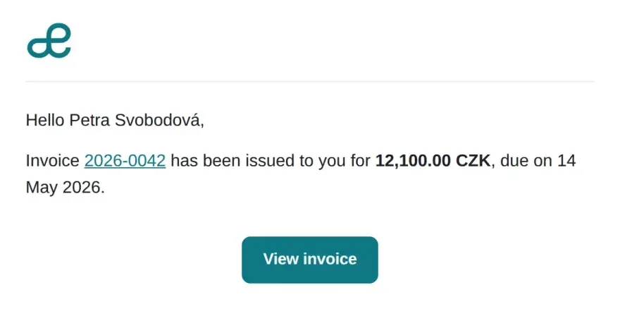 E-mail to the client about invoice 2026-0042 for CZK 12,100.00, due 14 May 2026, with a View invoice button.