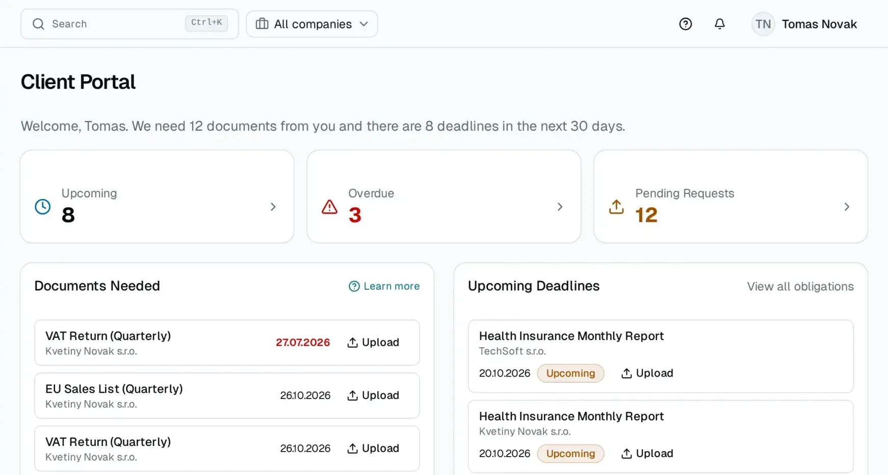Evidenta’s client portal as the client sees it: 8 upcoming deadlines, 12 pending requests and the Documents needed list with an Upload button for each obligation.