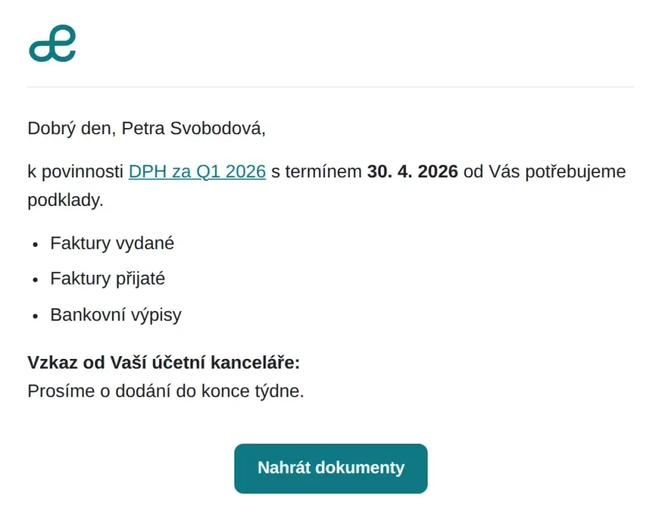 E-mail, který klient dostane jménem vaší kanceláře: žádost o podklady k DPH za 1. čtvrtletí 2026 — faktury vydané, přijaté a bankovní výpisy — s tlačítkem Nahrát dokumenty.
